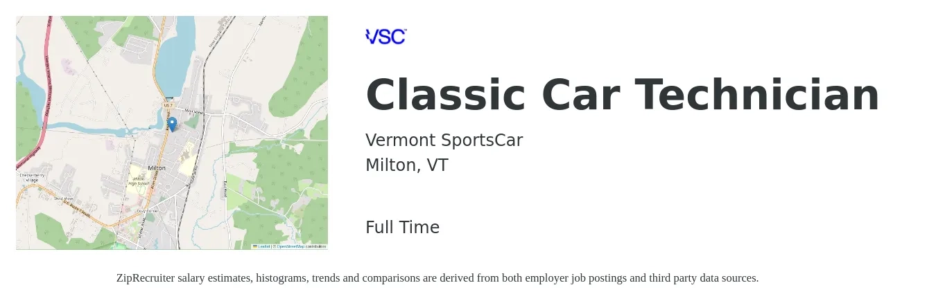 Vermont SportsCar job posting for a Classic Car Technician in Milton, VT with a salary of $18 to $24 Hourly with a map of Milton location.