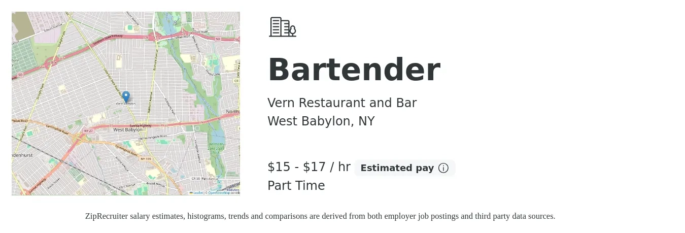 Vern Restaurant and Bar job posting for a Bartender in West Babylon, NY with a salary of $16 to $18 Hourly with a map of West Babylon location.