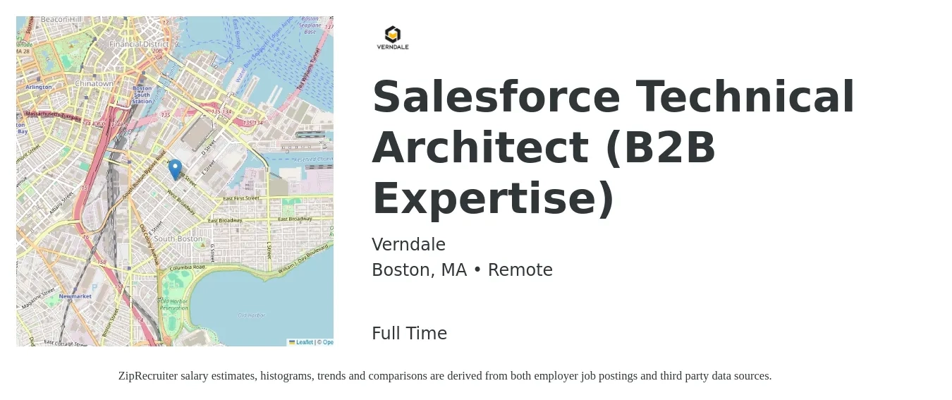 Verndale job posting for a Salesforce Technical Architect (B2B Expertise) in Boston, MA with a salary of $75 to $93 Hourly with a map of Boston location.