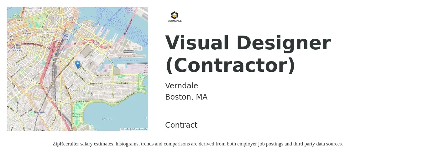 Verndale job posting for a Visual Designer (Contractor) in Boston, MA with a salary of $39 to $66 Hourly with a map of Boston location.