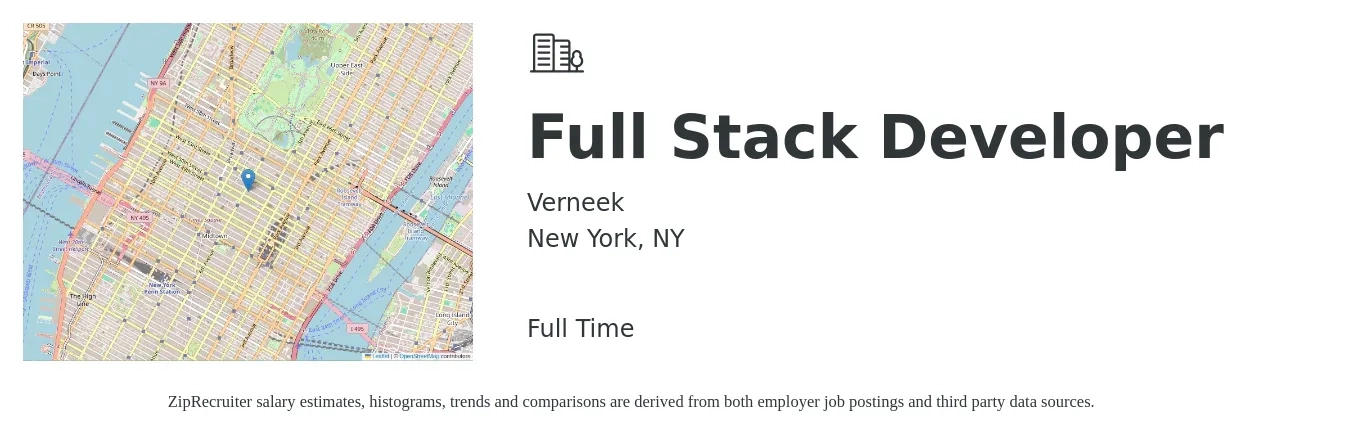 Verneek job posting for a Full Stack Developer in New York, NY with a salary of $56 to $78 Hourly with a map of New York location.