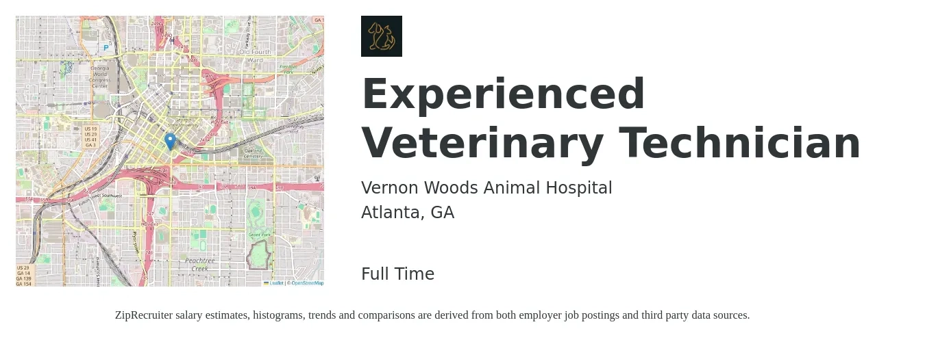 Vernon Woods Animal Hospital job posting for a Experienced Veterinary Technician in Atlanta, GA with a salary of $18 to $25 Hourly with a map of Atlanta location.