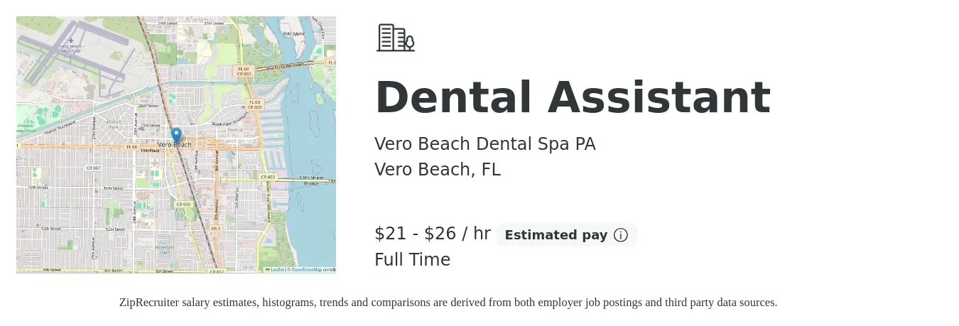 Vero Beach Dental Spa PA job posting for a Dental Assistant in Vero Beach, FL with a salary of $22 to $28 Hourly with a map of Vero Beach location.