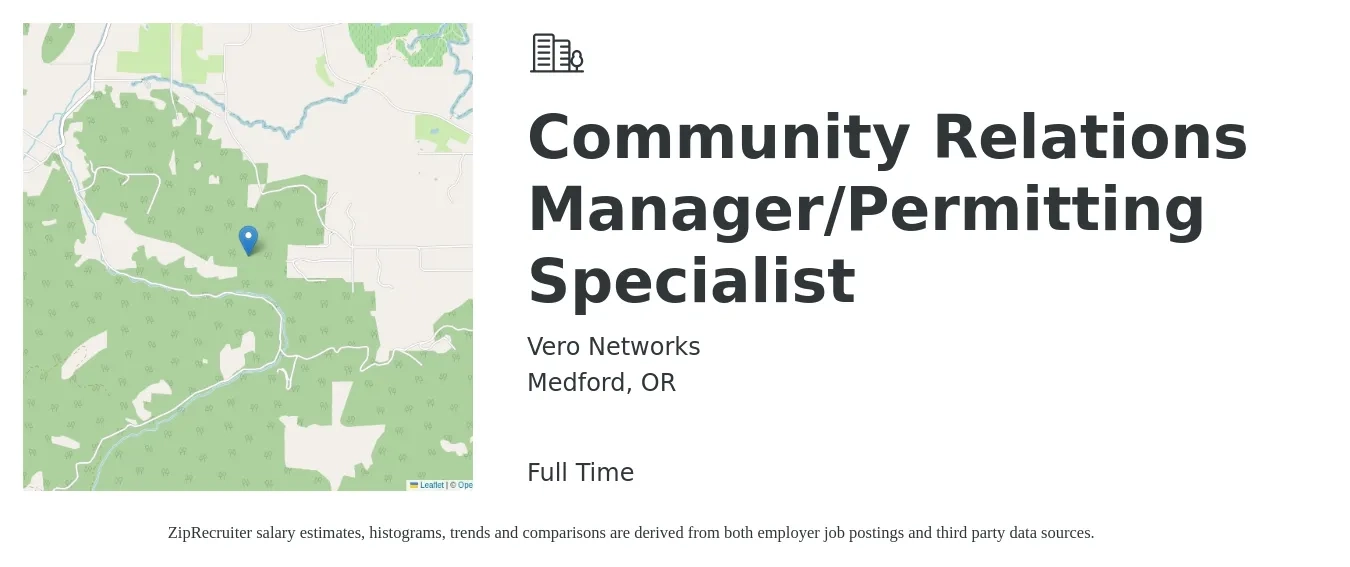 Vero Networks job posting for a Community Relations Manager/Permitting Specialist in Medford, OR with a salary of $70,000 to $80,000 Yearly with a map of Medford location.