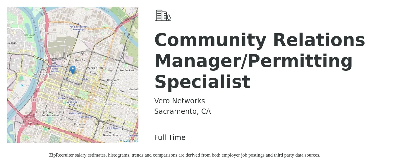 Vero Networks job posting for a Community Relations Manager/Permitting Specialist in Sacramento, CA with a salary of $70,000 to $80,000 Yearly with a map of Sacramento location.