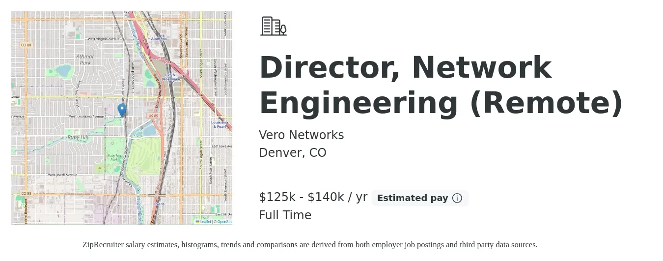 Vero Networks job posting for a Director, Network Engineering (Remote) in Denver, CO with a salary of $125,000 to $140,000 Yearly with a map of Denver location.