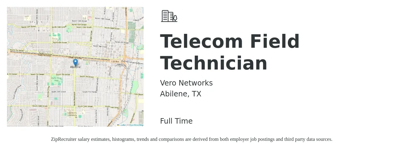 Vero Networks job posting for a Telecom Field Technician in Abilene, TX with a salary of $24 to $31 Hourly with a map of Abilene location.