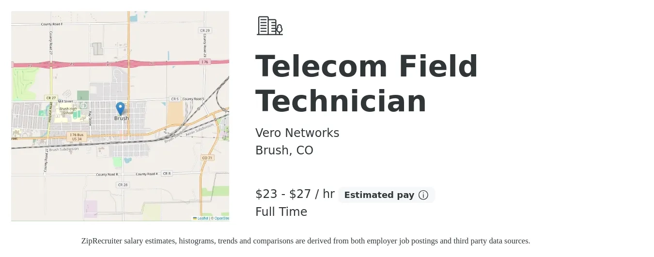 Vero Networks job posting for a Telecom Field Technician in Brush, CO with a salary of $24 to $29 Hourly with a map of Brush location.