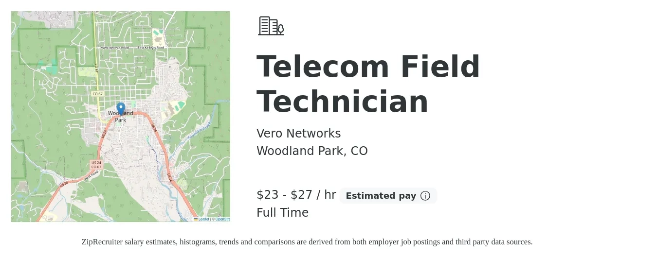 Vero Networks job posting for a Telecom Field Technician in Woodland Park, CO with a salary of $24 to $29 Hourly with a map of Woodland Park location.