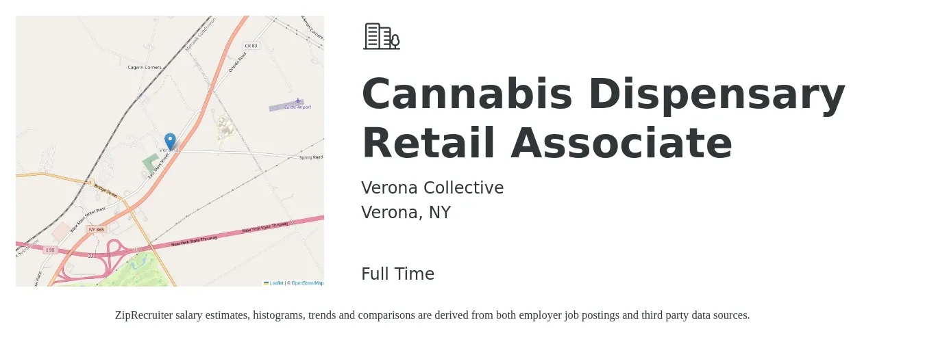 Verona Collective job posting for a Cannabis Dispensary Retail Associate in Verona, NY with a salary of $15 to $18 Hourly with a map of Verona location.