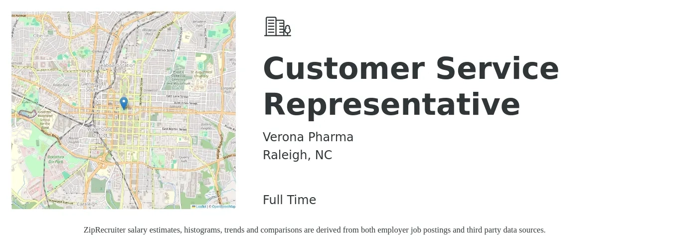 Verona Pharma job posting for a Customer Service Representative in Raleigh, NC with a salary of $16 to $21 Hourly with a map of Raleigh location.