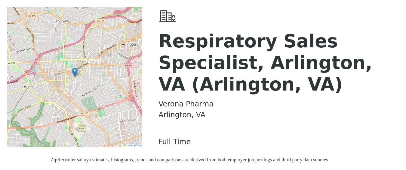 Verona Pharma job posting for a Respiratory Sales Specialist, Arlington, VA (Arlington, VA) in Arlington, VA with a salary of $22 to $40 Hourly with a map of Arlington location.