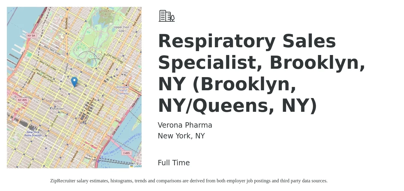 Verona Pharma job posting for a Respiratory Sales Specialist, Brooklyn, NY (Brooklyn, NY/Queens, NY) in New York, NY with a salary of $38 to $54 Hourly with a map of New York location.