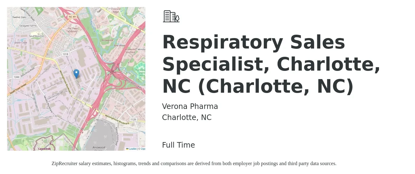 Verona Pharma job posting for a Respiratory Sales Specialist, Charlotte, NC (Charlotte, NC) in Charlotte, NC with a salary of $19 to $34 Hourly with a map of Charlotte location.