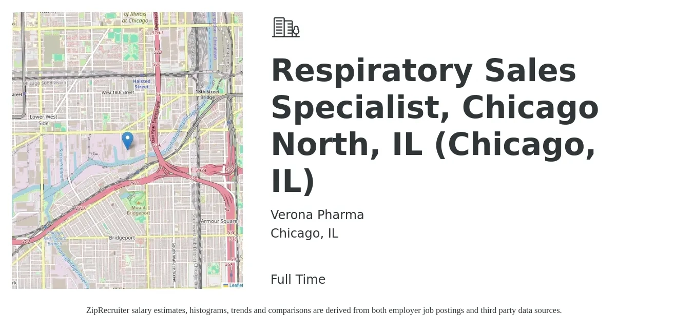 Verona Pharma job posting for a Respiratory Sales Specialist, Chicago North, IL (Chicago, IL) in Chicago, IL with a salary of $20 to $36 Hourly with a map of Chicago location.
