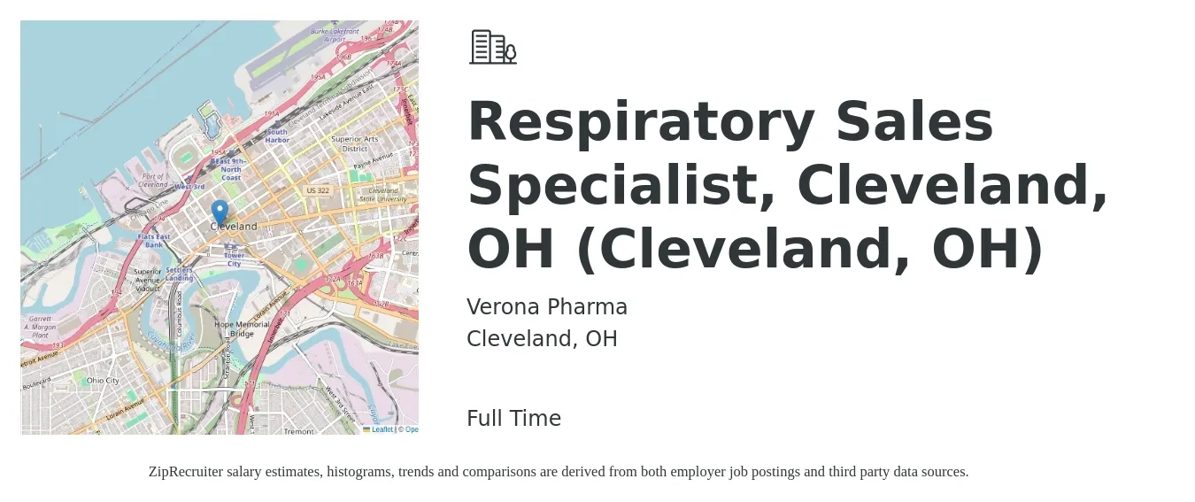 Verona Pharma job posting for a Respiratory Sales Specialist, Cleveland, OH (Cleveland, OH) in Cleveland, OH with a salary of $19 to $34 Hourly with a map of Cleveland location.