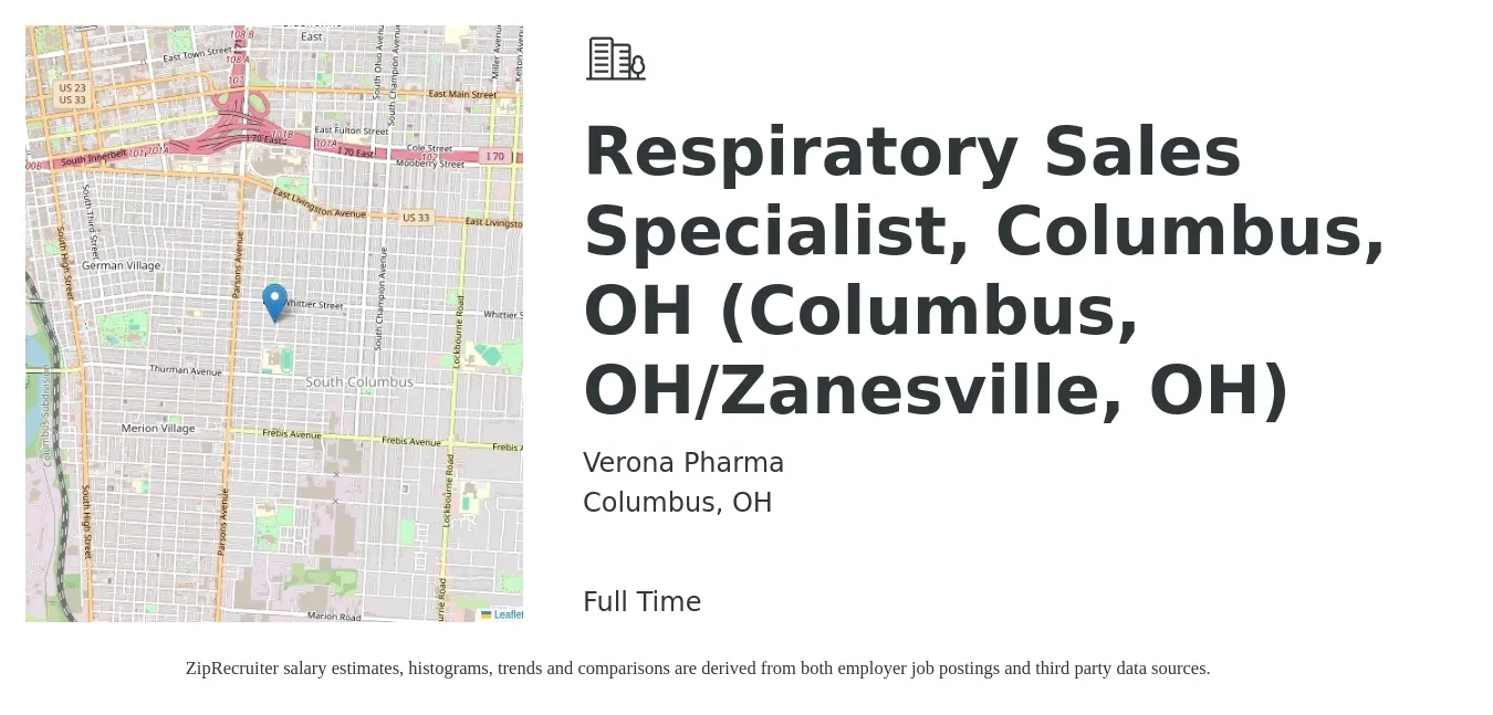 Verona Pharma job posting for a Respiratory Sales Specialist, Columbus, OH (Columbus, OH/Zanesville, OH) in Columbus, OH with a salary of $18 to $34 Hourly with a map of Columbus location.