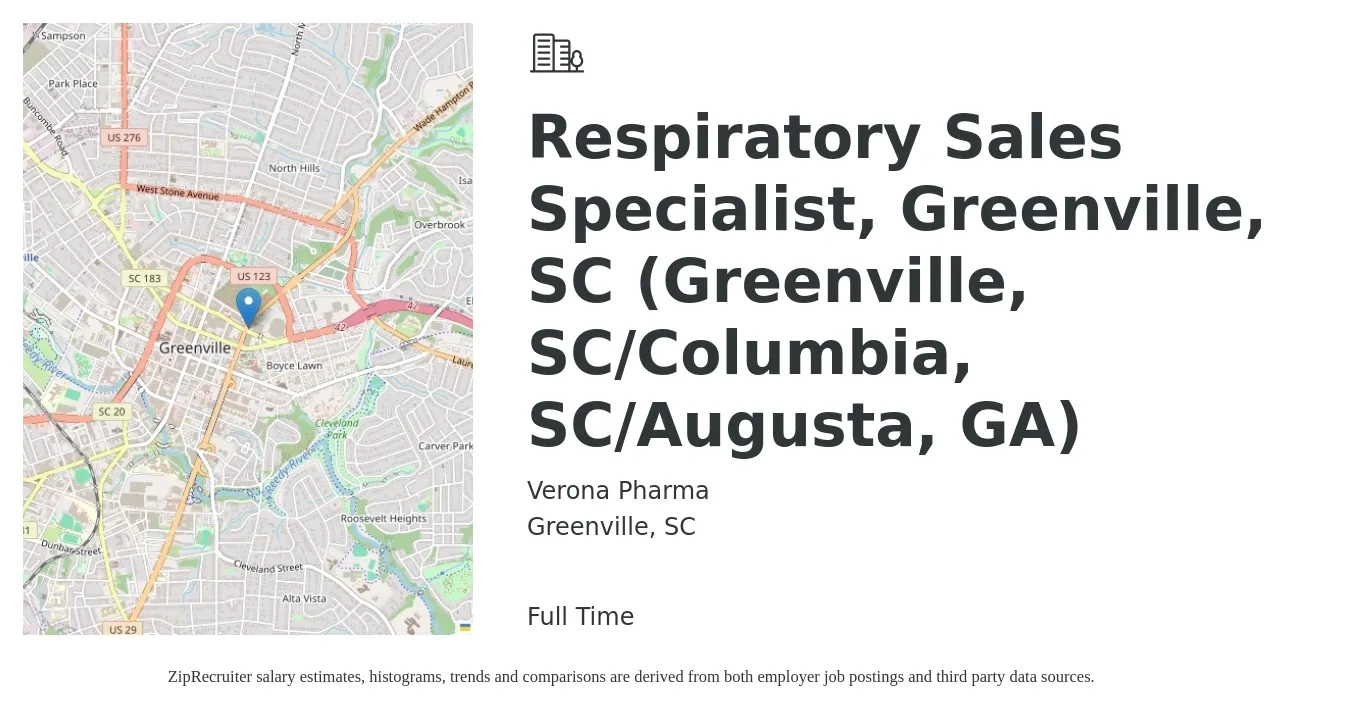 Verona Pharma job posting for a Respiratory Sales Specialist, Greenville, SC (Greenville, SC/Columbia, SC/Augusta, GA) in Greenville, SC with a salary of $32 to $46 Hourly with a map of Greenville location.