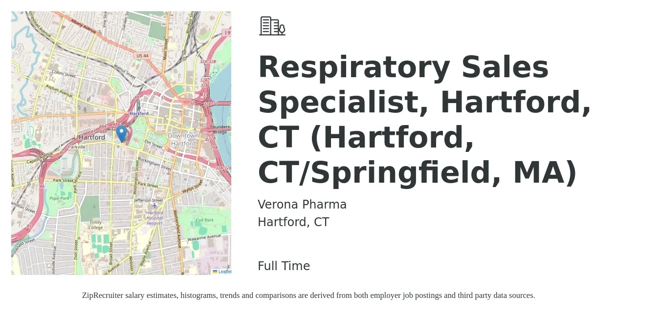 Verona Pharma job posting for a Respiratory Sales Specialist, Hartford, CT (Hartford, CT/Springfield, MA) in Hartford, CT with a salary of $34 to $50 Hourly with a map of Hartford location.