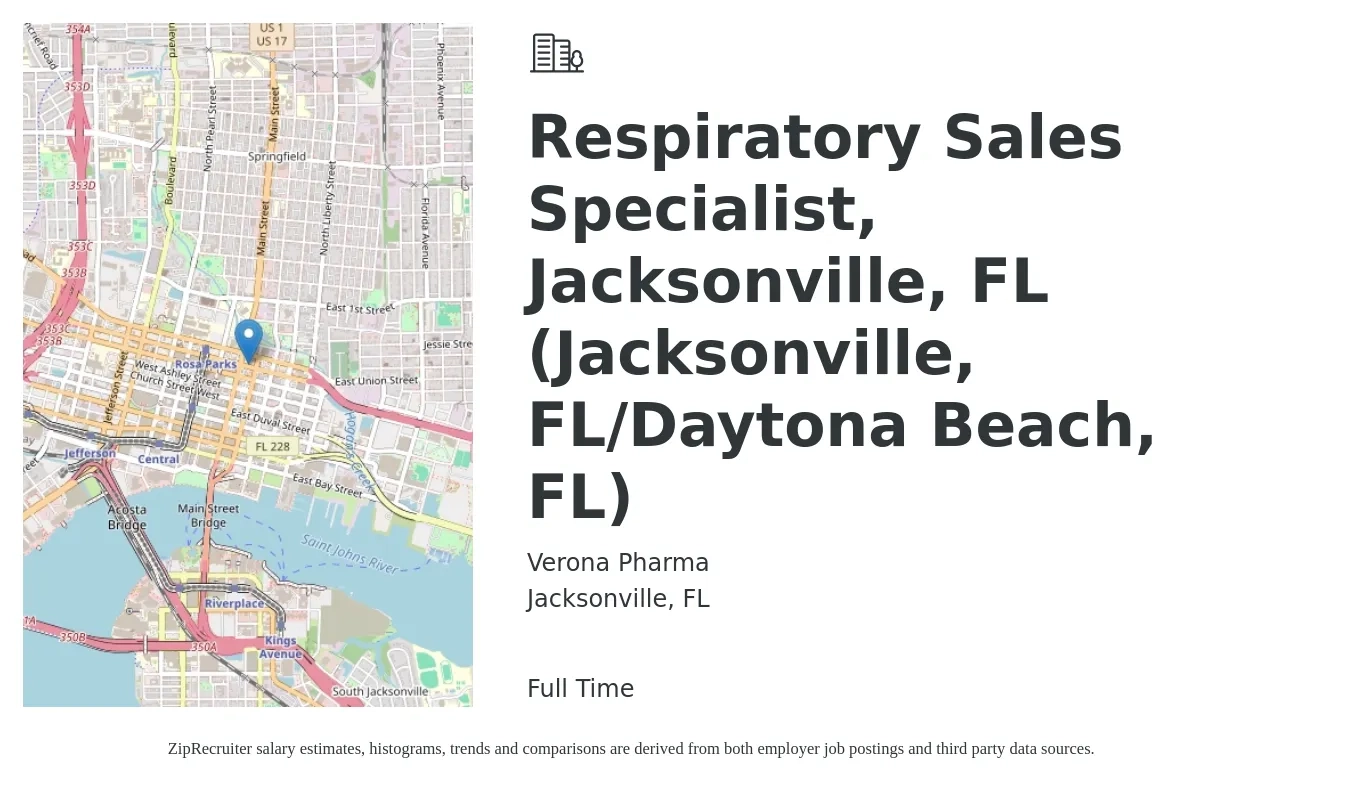 Verona Pharma job posting for a Respiratory Sales Specialist, Jacksonville, FL (Jacksonville, FL/Daytona Beach, FL) in Jacksonville, FL with a salary of $32 to $46 Hourly with a map of Jacksonville location.