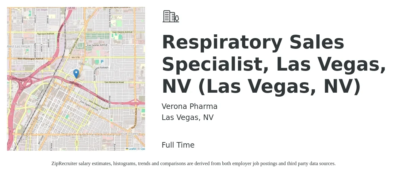 Verona Pharma job posting for a Respiratory Sales Specialist, Las Vegas, NV (Las Vegas, NV) in Las Vegas, NV with a salary of $18 to $34 Hourly with a map of Las Vegas location.