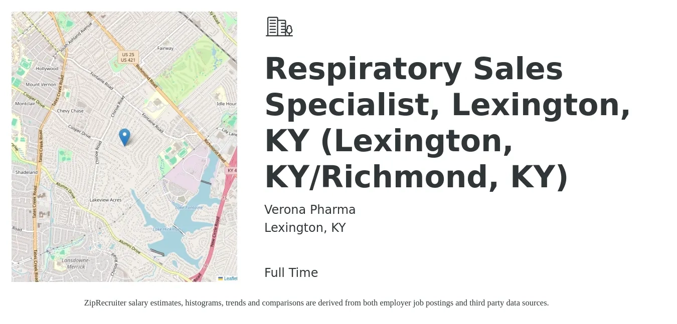 Verona Pharma job posting for a Respiratory Sales Specialist, Lexington, KY (Lexington, KY/Richmond, KY) in Lexington, KY with a salary of $19 to $35 Hourly with a map of Lexington location.