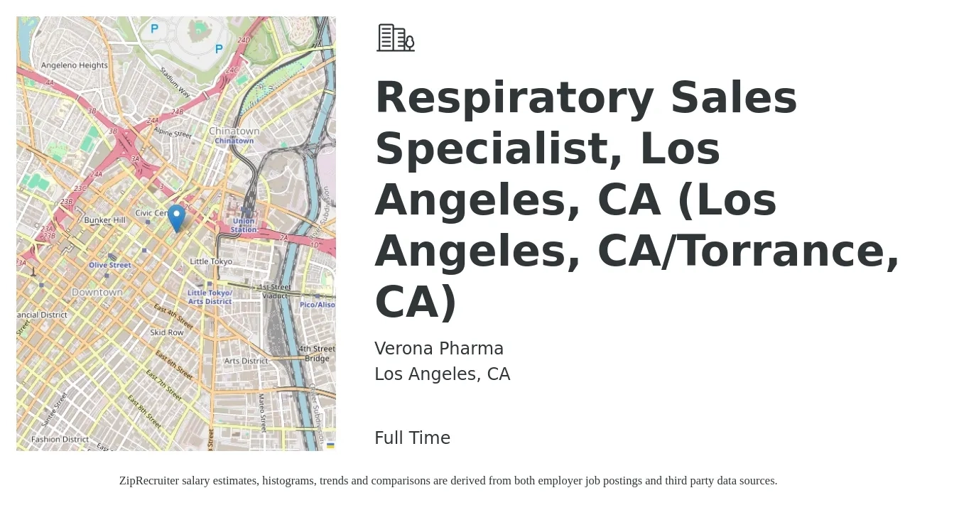 Verona Pharma job posting for a Respiratory Sales Specialist, Los Angeles, CA (Los Angeles, CA/Torrance, CA) in Los Angeles, CA with a salary of $37 to $53 Hourly with a map of Los Angeles location.