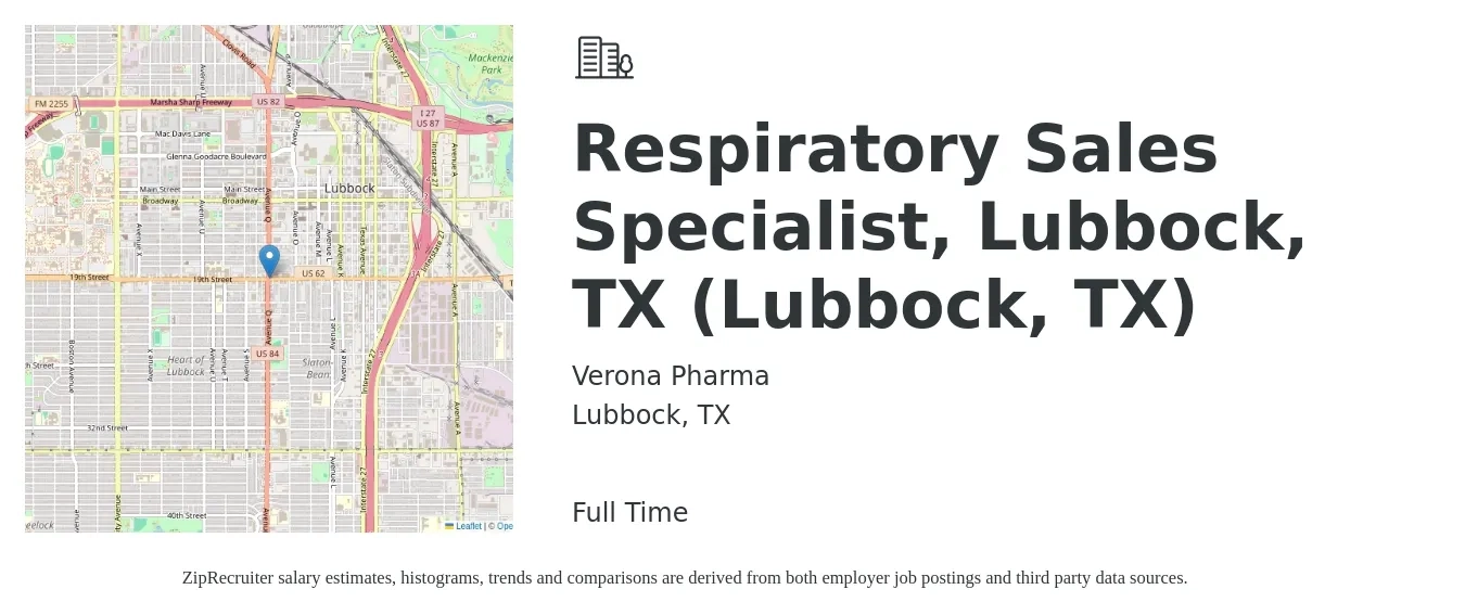 Verona Pharma job posting for a Respiratory Sales Specialist, Lubbock, TX (Lubbock, TX) in Lubbock, TX with a salary of $16 to $30 Hourly with a map of Lubbock location.
