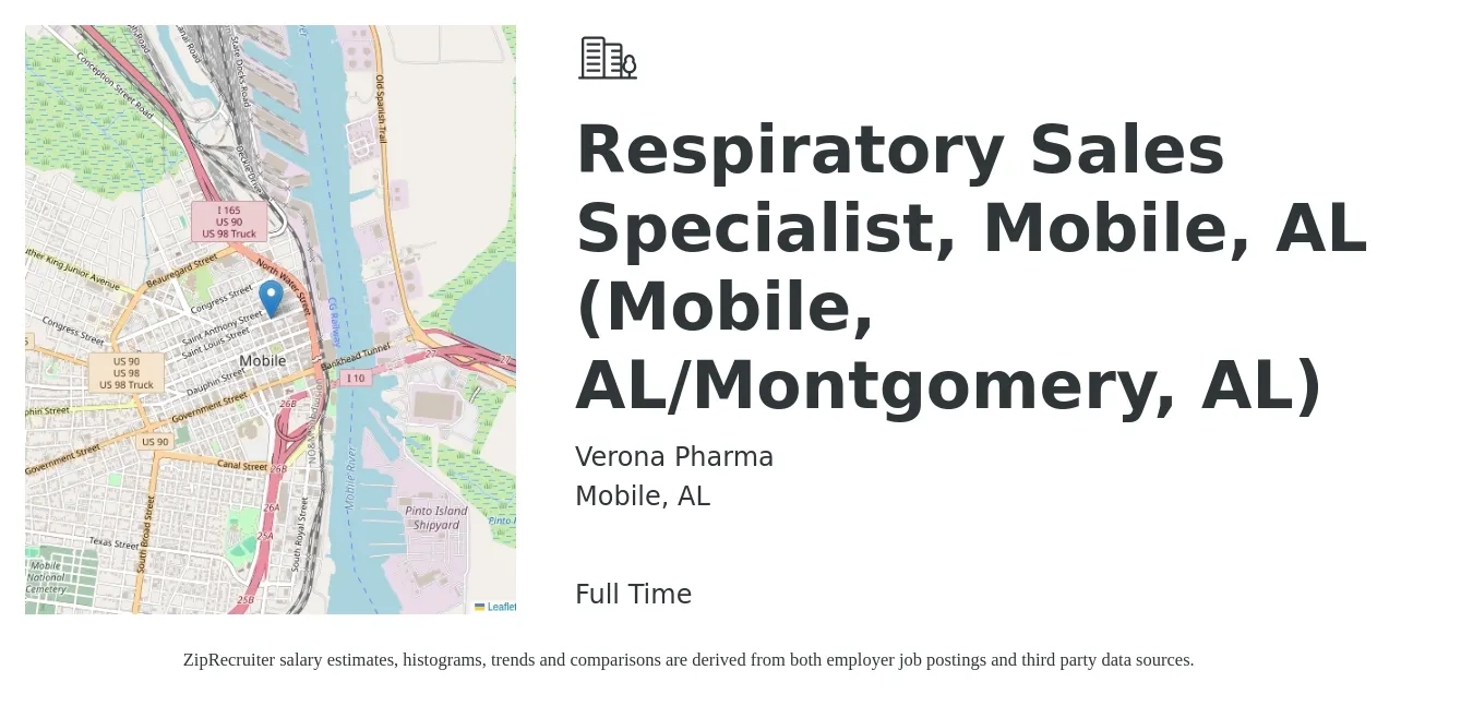 Verona Pharma job posting for a Respiratory Sales Specialist, Mobile, AL (Mobile, AL/Montgomery, AL) in Mobile, AL with a salary of $34 to $49 Hourly with a map of Mobile location.