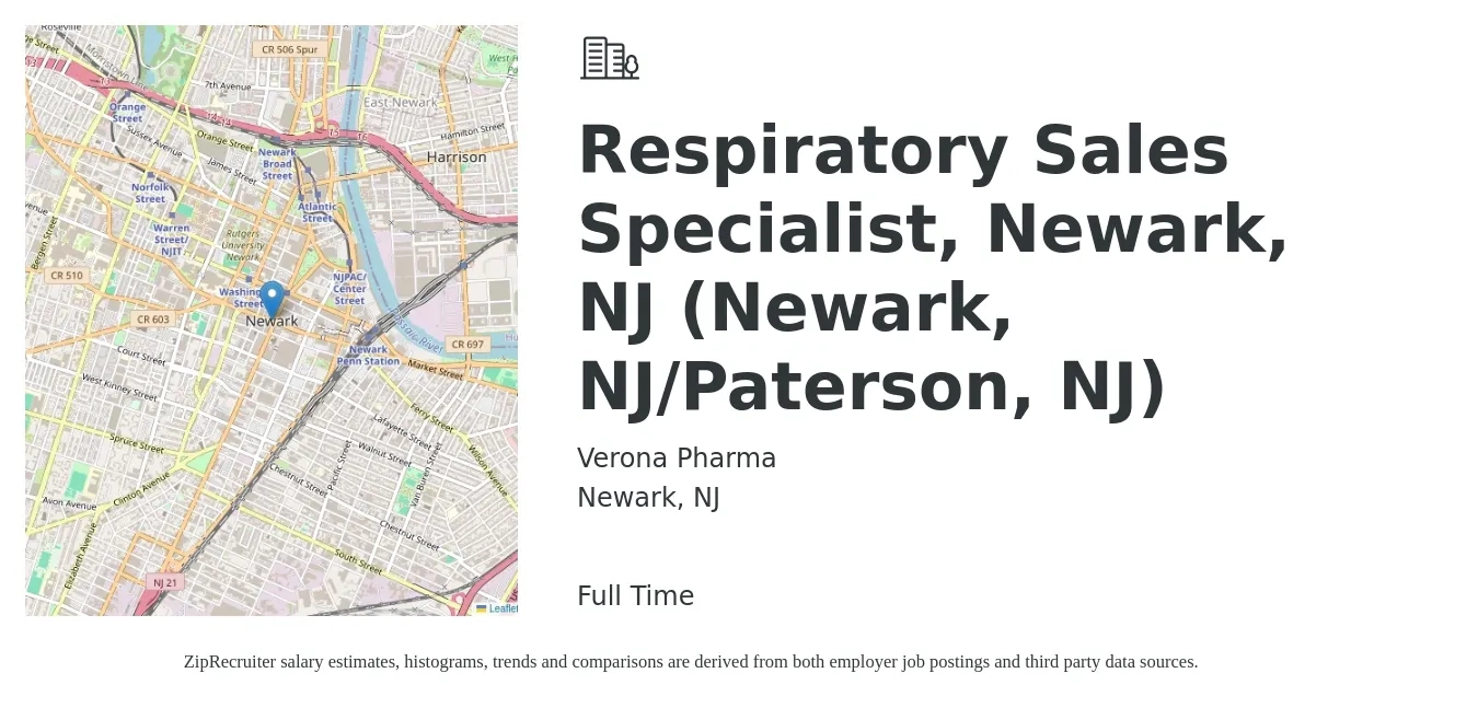 Verona Pharma job posting for a Respiratory Sales Specialist, Newark, NJ (Newark, NJ/Paterson, NJ) in Newark, NJ with a salary of $20 to $37 Hourly with a map of Newark location.