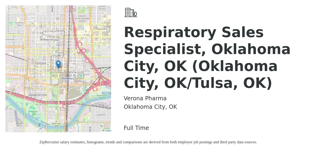Verona Pharma job posting for a Respiratory Sales Specialist, Oklahoma City, OK (Oklahoma City, OK/Tulsa, OK) in Oklahoma City, OK with a salary of $18 to $33 Hourly with a map of Oklahoma City location.