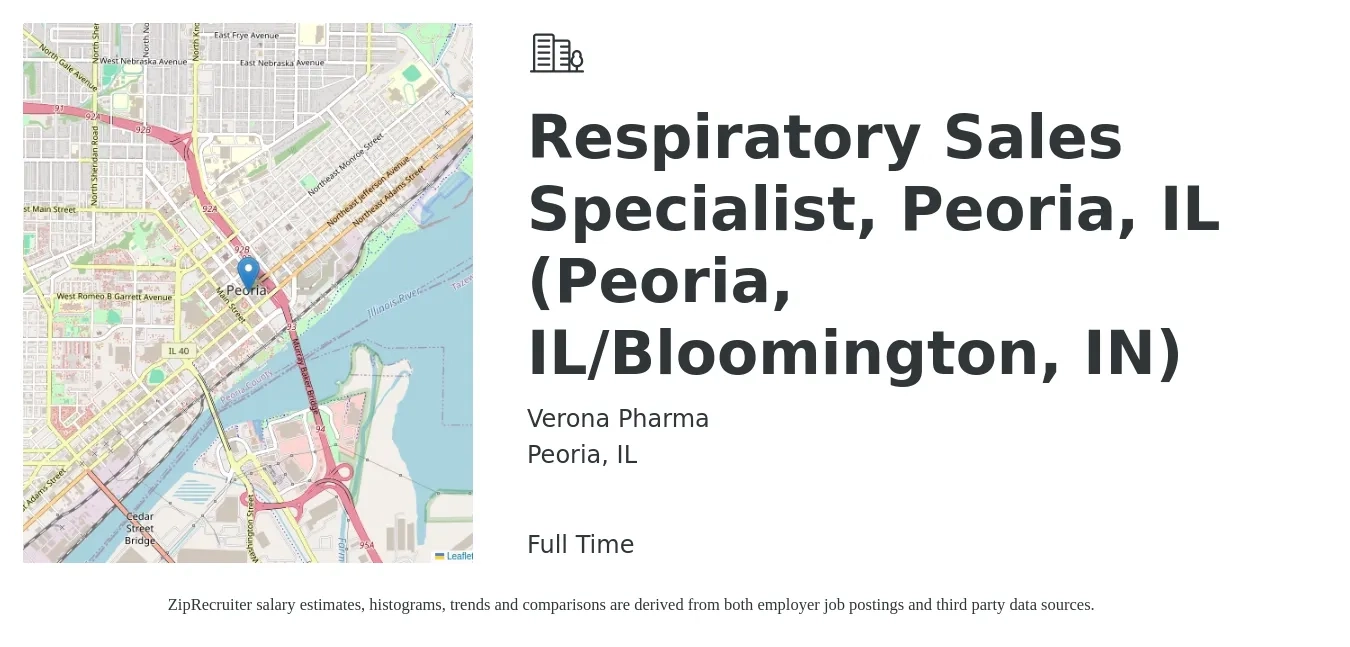 Verona Pharma job posting for a Respiratory Sales Specialist, Peoria, IL (Peoria, IL/Bloomington, IN) in Peoria, IL with a salary of $19 to $34 Hourly with a map of Peoria location.