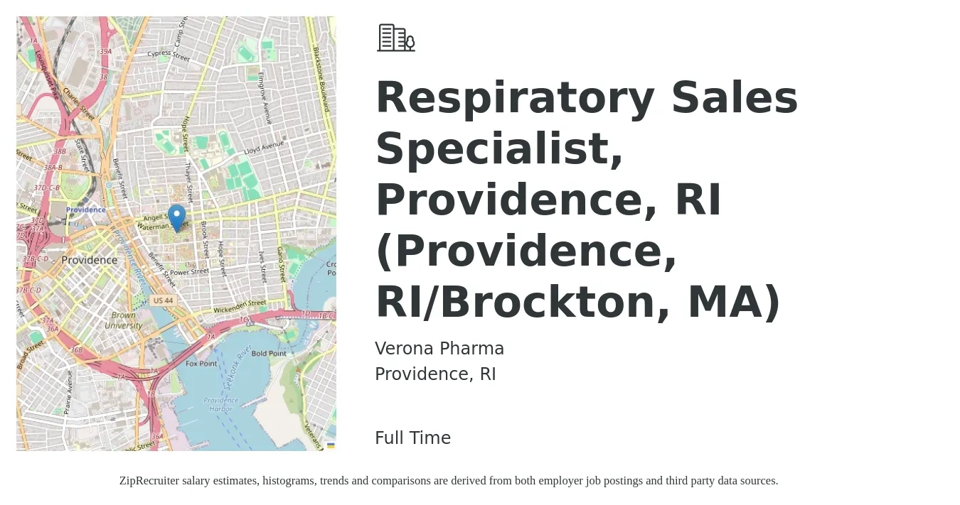 Verona Pharma job posting for a Respiratory Sales Specialist, Providence, RI (Providence, RI/Brockton, MA) in Providence, RI with a salary of $20 to $36 Hourly with a map of Providence location.