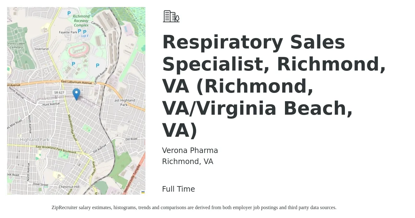 Verona Pharma job posting for a Respiratory Sales Specialist, Richmond, VA (Richmond, VA/Virginia Beach, VA) in Richmond, VA with a salary of $19 to $35 Hourly with a map of Richmond location.