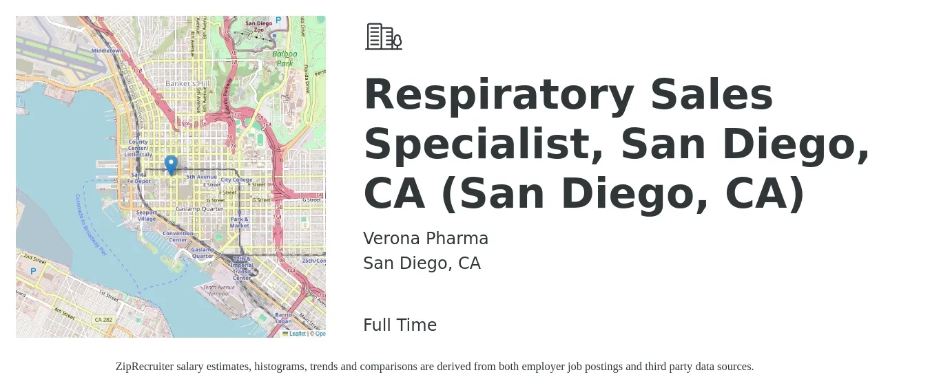 Verona Pharma job posting for a Respiratory Sales Specialist, San Diego, CA (San Diego, CA) in San Diego, CA with a salary of $20 to $38 Hourly with a map of San Diego location.