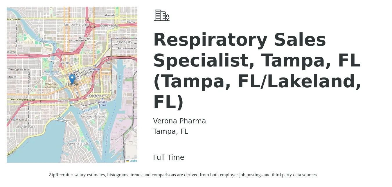 Verona Pharma job posting for a Respiratory Sales Specialist, Tampa, FL (Tampa, FL/Lakeland, FL) in Tampa, FL with a salary of $32 to $46 Hourly with a map of Tampa location.