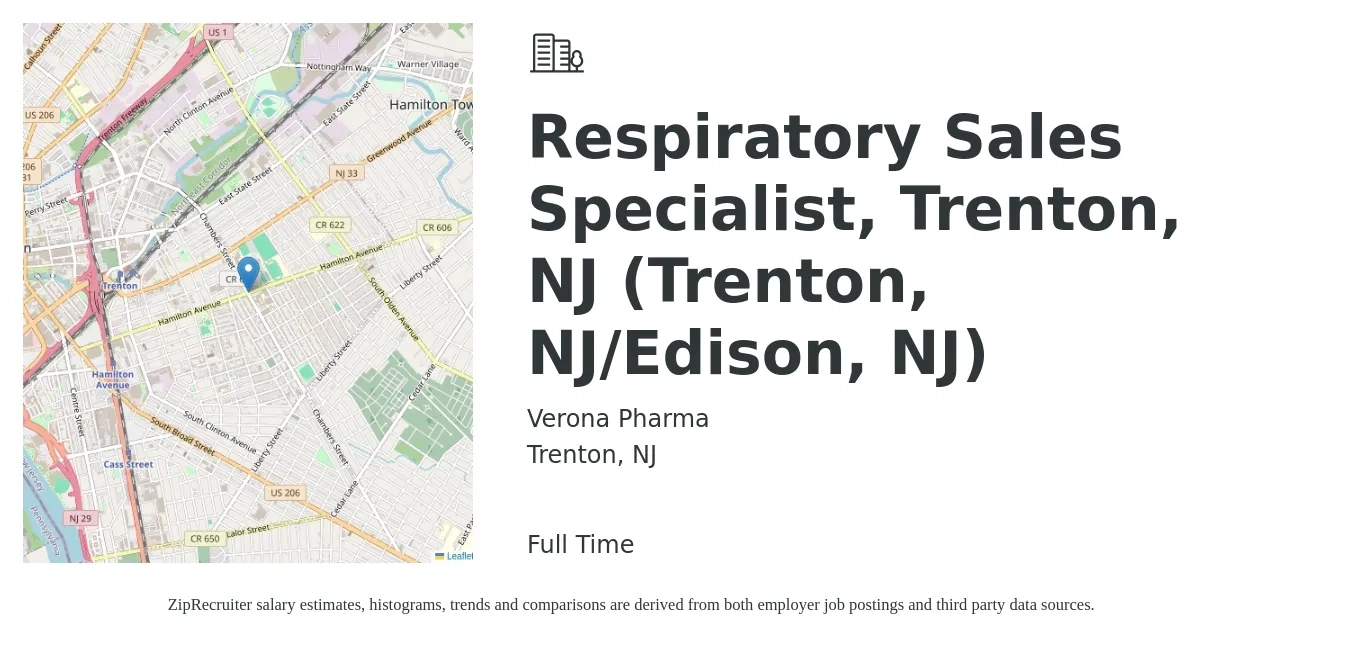 Verona Pharma job posting for a Respiratory Sales Specialist, Trenton, NJ (Trenton, NJ/Edison, NJ) in Trenton, NJ with a salary of $19 to $35 Hourly with a map of Trenton location.