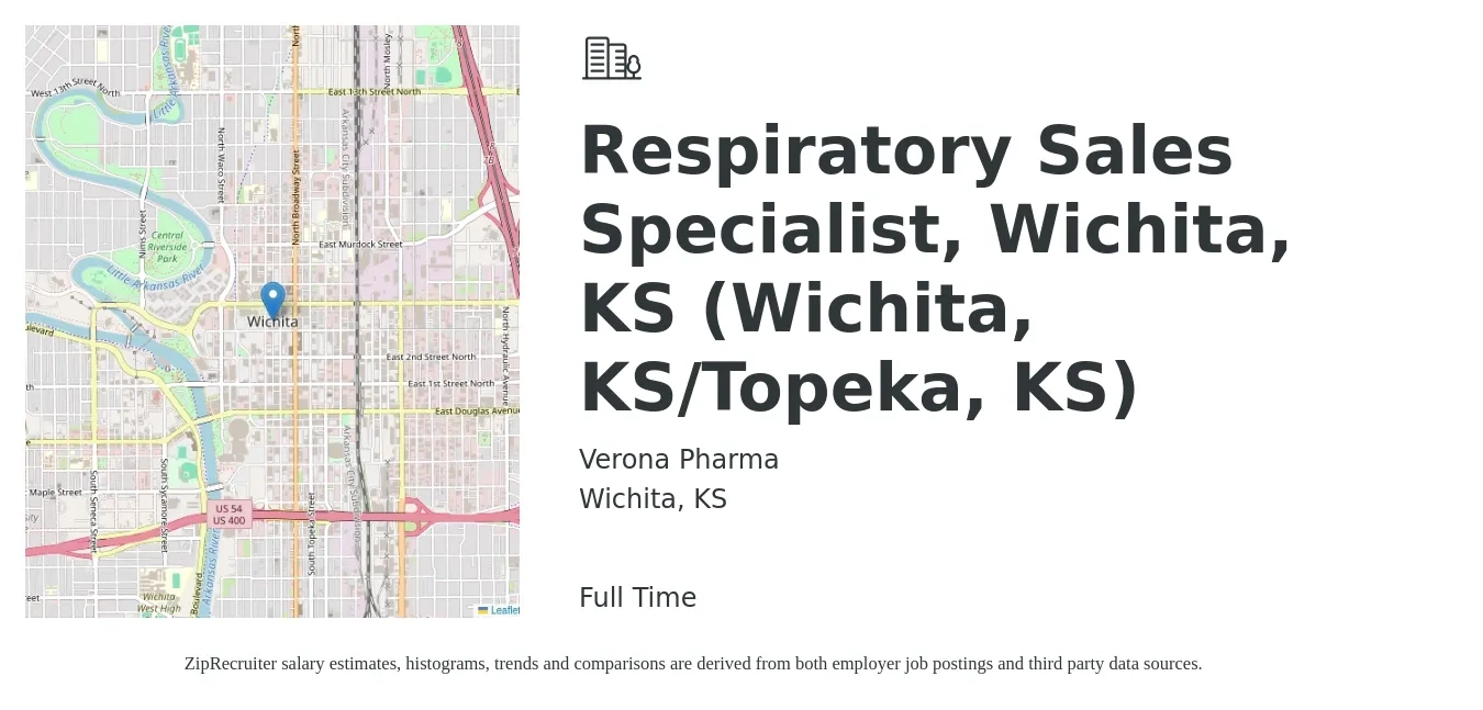 Verona Pharma job posting for a Respiratory Sales Specialist, Wichita, KS (Wichita, KS/Topeka, KS) in Wichita, KS with a salary of $17 to $32 Hourly with a map of Wichita location.