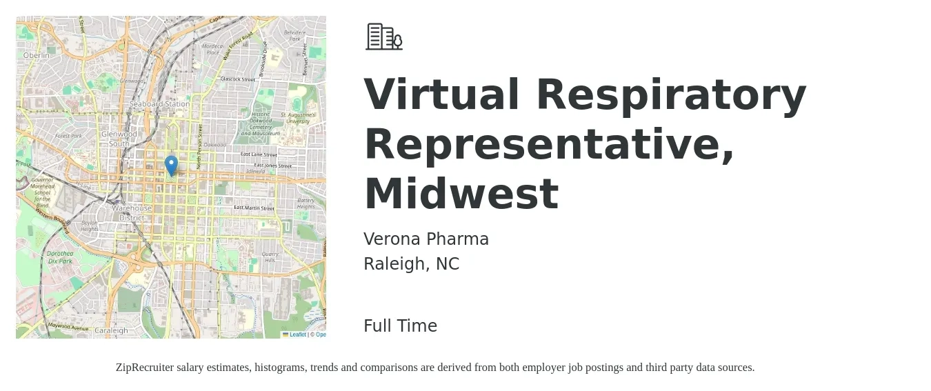 Verona Pharma job posting for a Virtual Respiratory Representative, Midwest in Raleigh, NC with a salary of $16 to $20 Hourly with a map of Raleigh location.