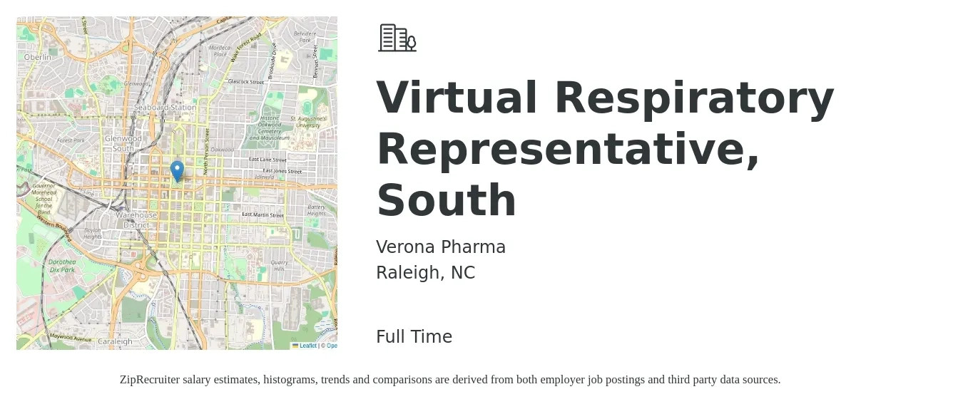 Verona Pharma job posting for a Virtual Respiratory Representative, South in Raleigh, NC with a salary of $16 to $20 Hourly with a map of Raleigh location.