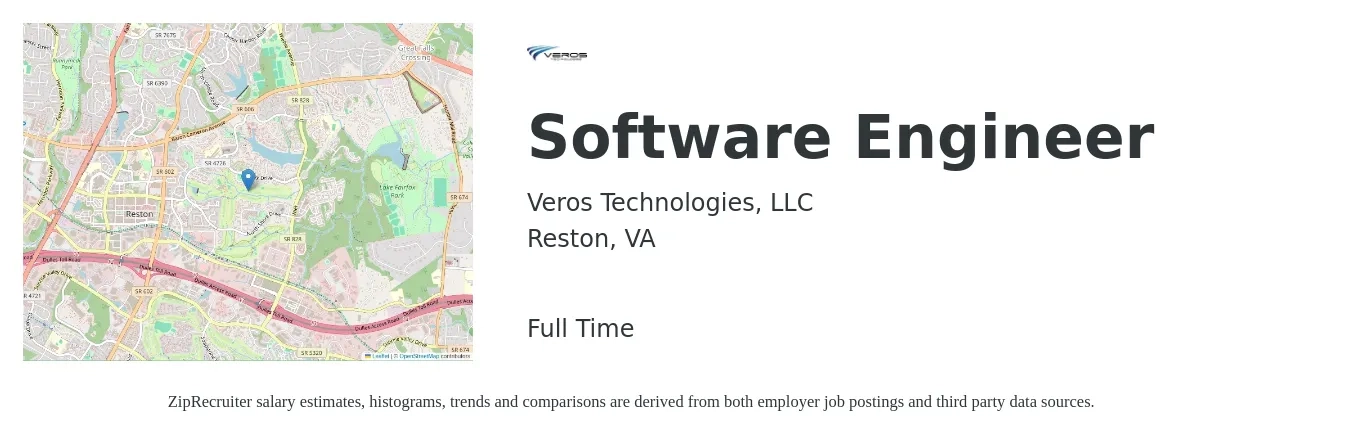 Veros Technologies, LLC job posting for a Software Engineer in Reston, VA with a salary of $125,100 to $180,300 Yearly with a map of Reston location.