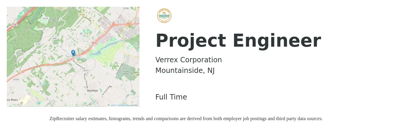 Verrex Corporation job posting for a Project Engineer in Mountainside, NJ with a salary of $74,800 to $104,600 Yearly with a map of Mountainside location.