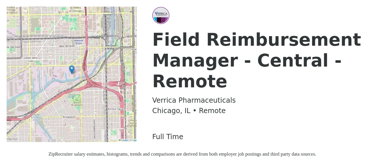 Verrica Pharmaceuticals job posting for a Field Reimbursement Manager - Central - Remote in Chicago, IL with a salary of $105,200 to $112,900 Yearly with a map of Chicago location.