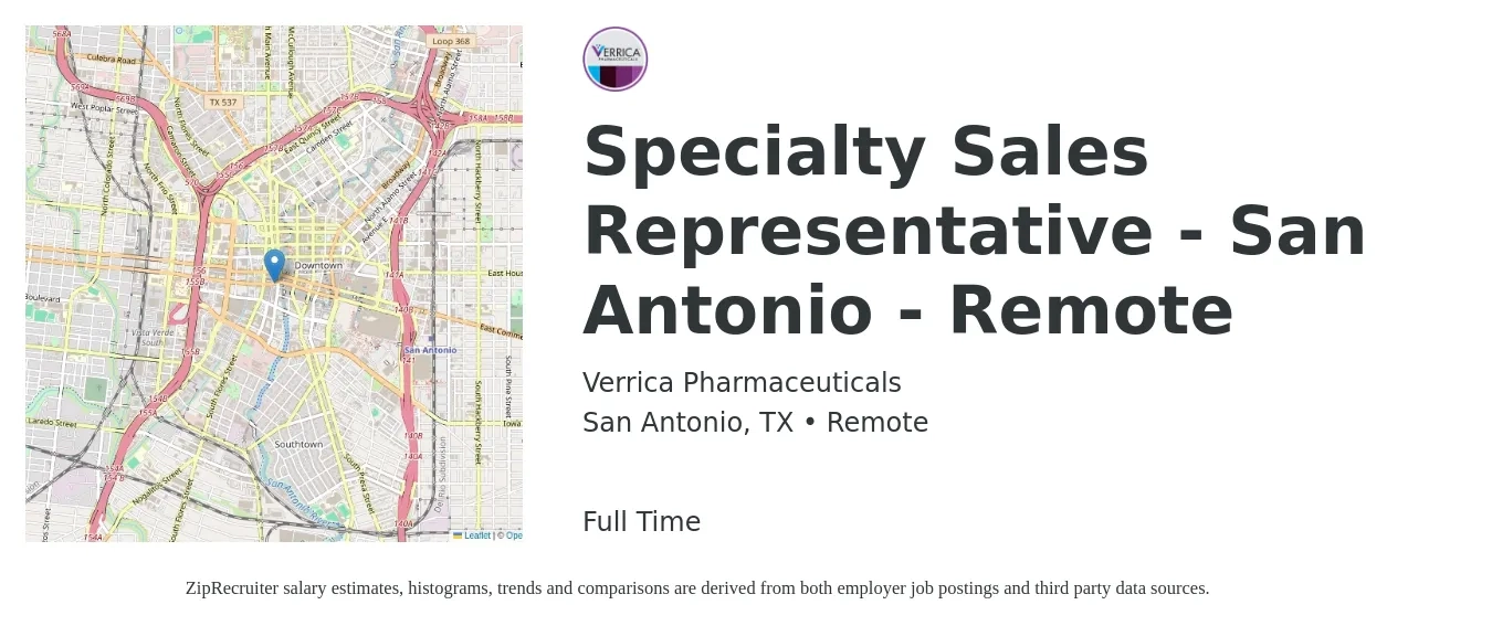 Verrica Pharmaceuticals job posting for a Specialty Sales Representative - San Antonio - Remote in San Antonio, TX with a salary of $36,300 to $63,500 Yearly with a map of San Antonio location.
