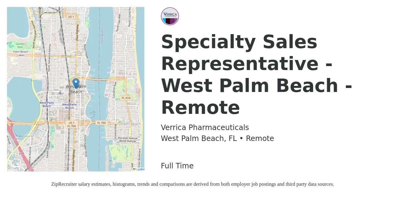 Verrica Pharmaceuticals job posting for a Specialty Sales Representative - West Palm Beach - Remote in West Palm Beach, FL with a salary of $49,600 to $94,200 Yearly with a map of West Palm Beach location.