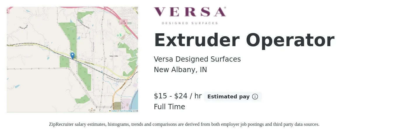 Versa Designed Surfaces job posting for a Extruder Operator in New Albany, IN with a salary of $16 to $25 Hourly with a map of New Albany location.