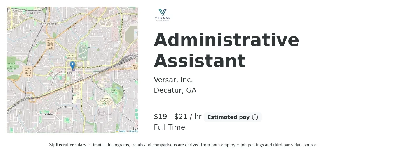 Versar, Inc. job posting for a Administrative Assistant in Decatur, GA with a salary of $20 to $22 Hourly with a map of Decatur location.