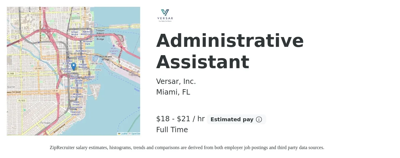 Versar, Inc. job posting for a Administrative Assistant in Miami, FL with a salary of $19 to $22 Hourly with a map of Miami location.