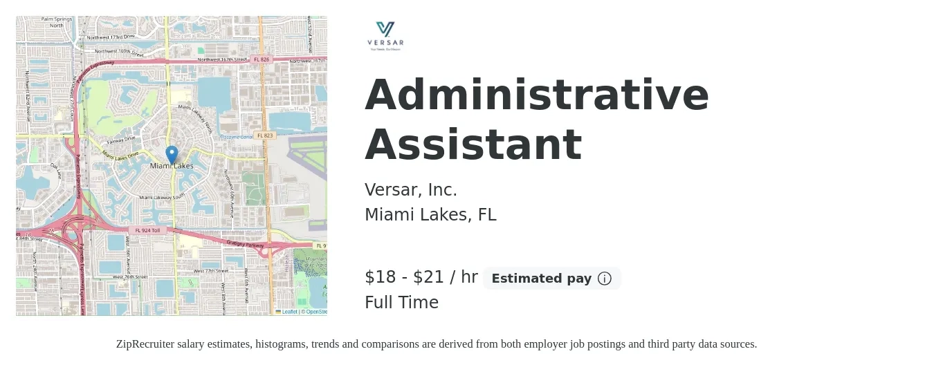 Versar, Inc. job posting for a Administrative Assistant in Miami Lakes, FL with a salary of $19 to $22 Hourly with a map of Miami Lakes location.