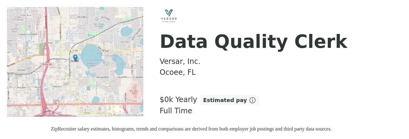 Versar, Inc. job posting for a Data Quality Clerk in Ocoee, FL with a salary of $18 to $22 Yearly with a map of Ocoee location.